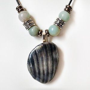 Shell Pendant Necklace W/Blue Amazonite Gemstones